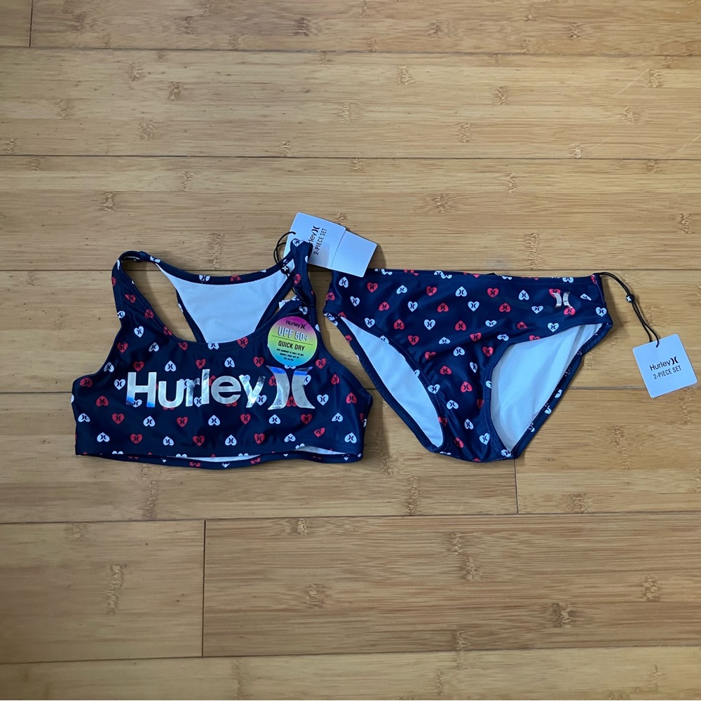 NWT Girls Size 8-10 Hurley Blue with Red & White Heart-Print Bikini Set Swimsuit